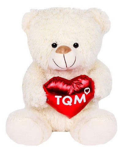 Peluche Suave Oso Tqm 30 Cm Color Blanco Corazón Rojo